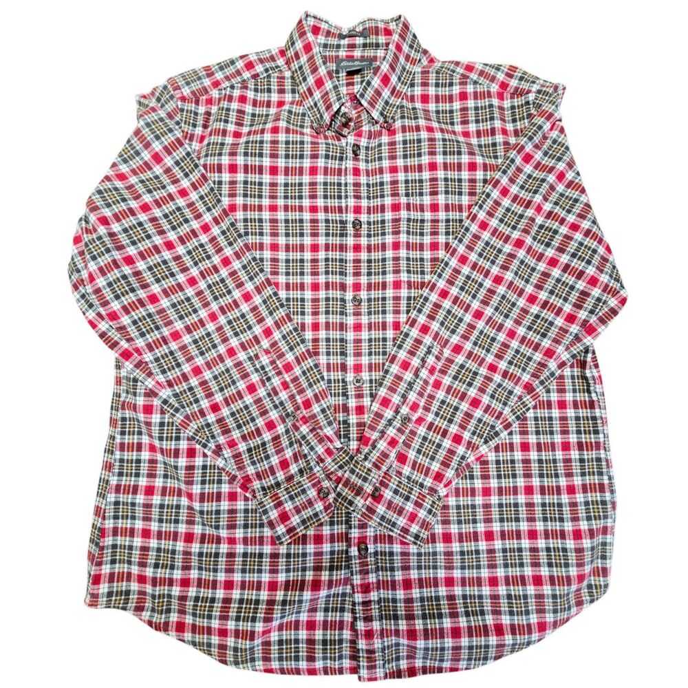 Eddie Bauer Relaxed Fit Flannel Shirt Size L Red Black Plaid Button Down Collar - Picture 2 of 9